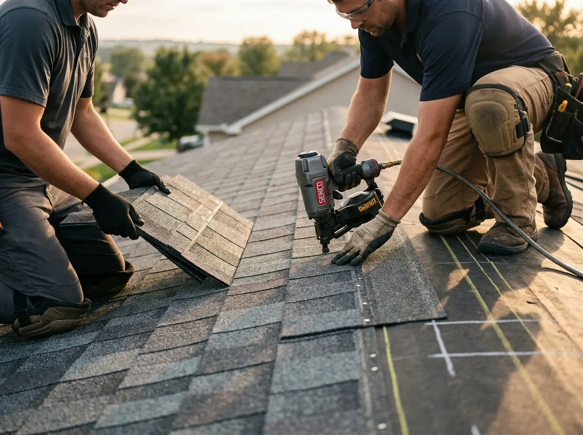 Professional roofer working on a residential roof in Wildwood